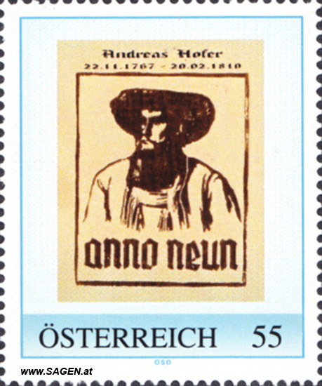 Andreas Hofer 22.11.1767 -20.2.1810 anno neun; personalisierte Briefmarke; Philatelistenklub Olympisches Dorf, Innsbruck 