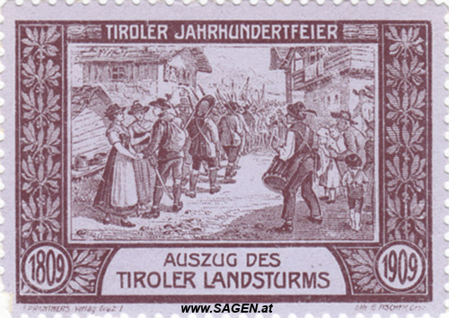 Werbebriefmarke "Tiroler Jahrhundertfeier 1809 - 1909"; Auszug des Tiroler Landsturms 