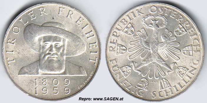 Tiroler Freiheit 1809 - 1959, Silbermünze 50 Schilling