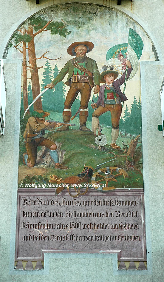 Andreas Hofer Darstellung mit Kampfszene am Bergisel Ehemaliges Hotel Sonnenburger Hof, nun Wohnhaus, an der Brenner-Bundesstra&szlig;e oberhalb der Ferrariwiese Innsbruck &copy; Wolfgang Morscher