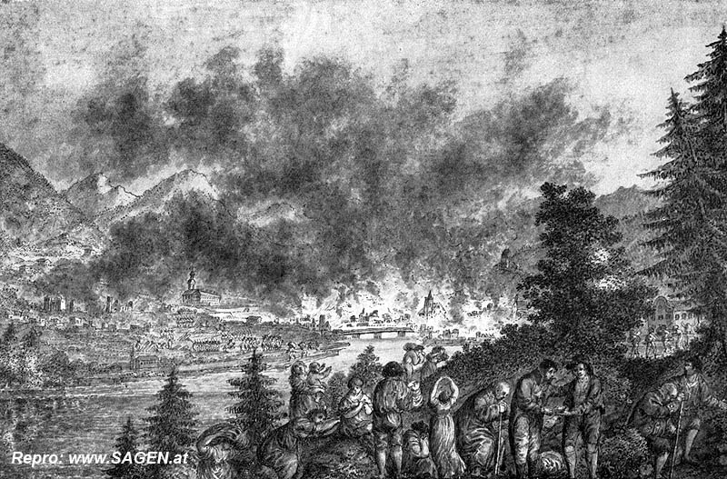 Brand von Schwaz am 15. Mai 1809; nach einer Zeichnung von Pater B. Mayr