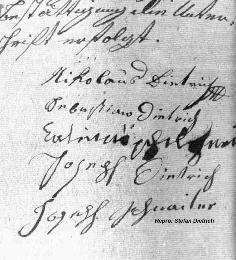 Unterschriften unter der Erbabhandlung des Ambros Dietrich, darunter die von Nikolaus Dietrich. (Verfachbuch Telfs, 1815) © Stefan Dietrich
