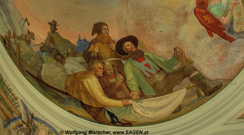 Deckenfresko von Emanuel Raffeiner, 1916, in der 1912 von Hans Menardi und J. Mayr erbauten Kreuzkapelle am Bergisel, Innsbruck &copy; Wolfgang Morscher