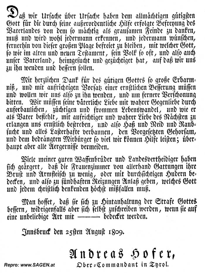Andreas Hofer Sittenerlass, 25. August 1809