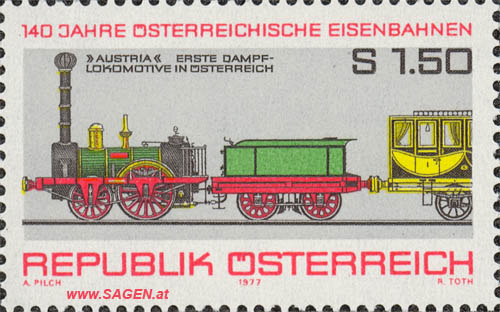 Briefmarke "140 Jahre Österreichische Eisenbahnen"; Motiv "Austria" Erste Dampflokomotive in Österreich