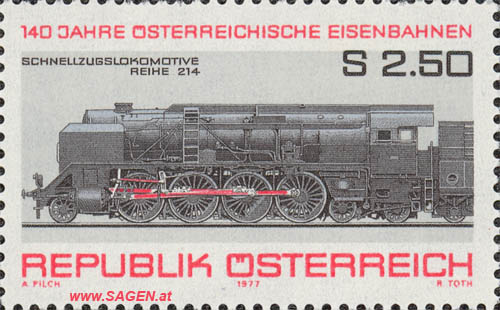 Briefmarke "140 Jahre Österreichische Eisenbahnen"; Motiv Schnellzugslokomotive Reihe 214