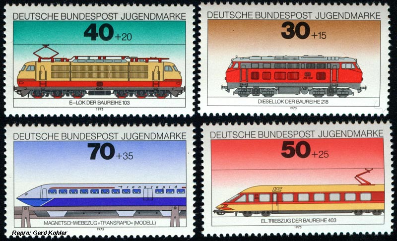 Briefmarken Eisenbahnmotive Deutsche Bundespost Jugendmarke 1975, E-Lok der Baureihe 103, Diesellok der Baureihe 218, Magnetschwebezug "Transrapid" (Modell), El. Triebzug der Baureihe 403
