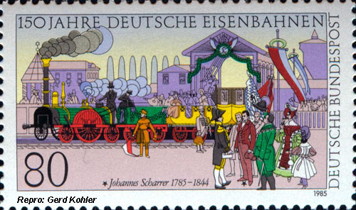 Briefmarke Eisenbahnmotive Deutsche Bundespost 1985, "150 Jahre Deutsche Eisenbahn", Johannes Scharrer 1785 - 1844