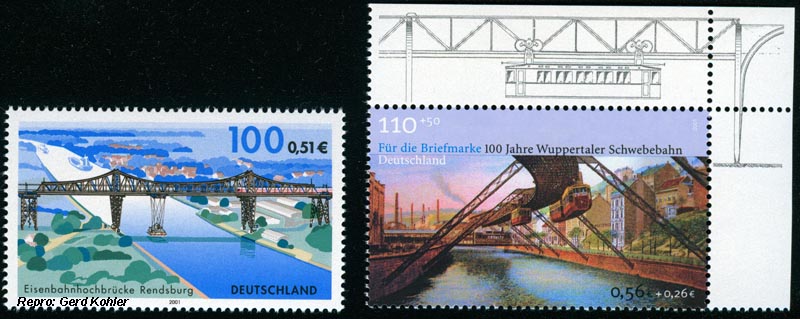 Briefmarken Eisenbahnmotive Deutschland 2001, Eisenbahnhochbrücke Rendsburg, 100 Jahre Wuppertaler Schwebebahn