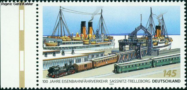 Briefmarke Eisenbahnmotive Deutschland 2009, 100 Jahre Eisenbahnfährverkehr Sassnitz-Trelleborg