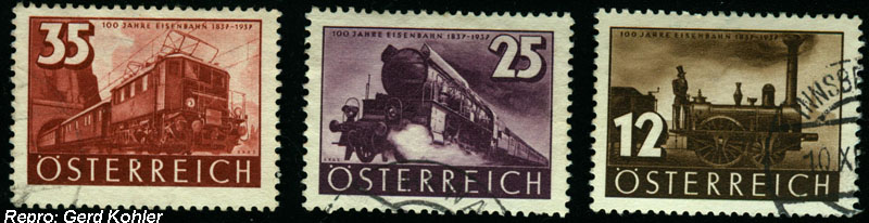 Briefmarken Eisenbahnmotive Österreich, 1937, 12, 25 und 35 Groschen, 100 Jahre Eisenbahn 1837 - 1937, Repro und Sammlung: Ing. Gerd Kohler