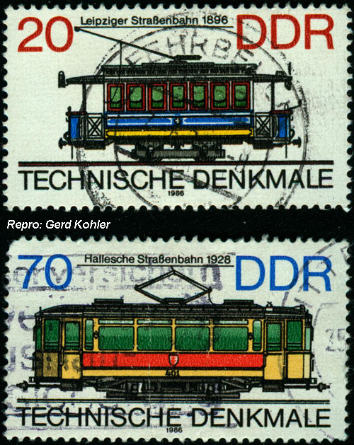Briefmarken Eisenbahnmotive Deutsche Demokratische Republik, Leipziger Straßenbahn 1896, Hallesche Straßenbahn 1928, Repro und Sammlung: Ing. Gerd Kohler