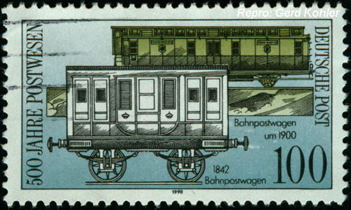 Briefmarken Eisenbahnmotive Deutschland, 1990, 100 Pfenning, 500 Jahre Postwesen, Bahnpostwagen um 1842, 1900, Repro und Sammlung: Ing. Gerd Kohler