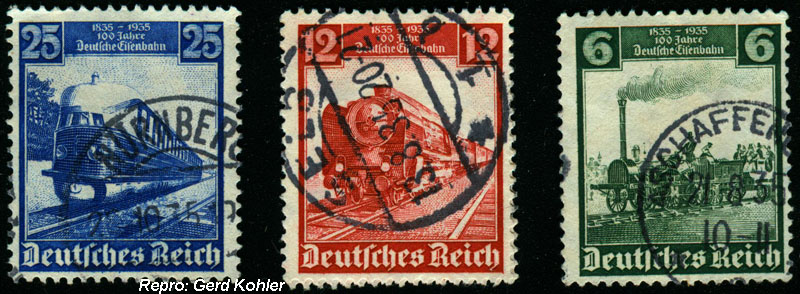 Briefmarken Eisenbahnmotive Deutsches Reich, 1835 - 1935, 100 Jahre Deutsche Eisenbahn, Repro und Sammlung: Ing. Gerd Kohler