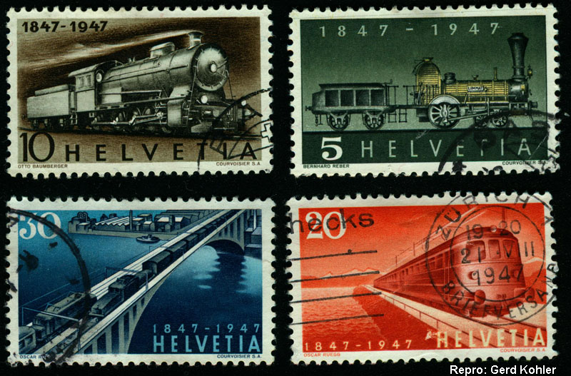 Briefmarken Eisenbahnmotive Schweiz (Helvetia) 1947, Repro und Sammlung: Ing. Gerd Kohler