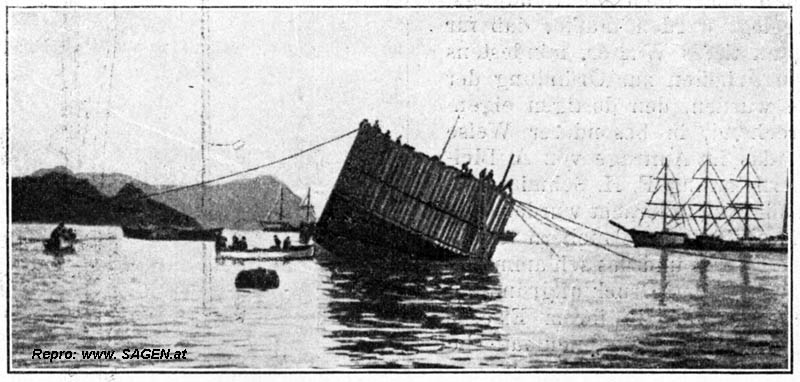 Schleppen der Senkkasten. Der Kasten kippt infolge Überschlagens des Wasserballastes