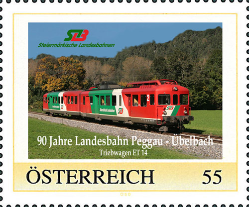 Briefmarke "90 Jahre Landesbahn Peggau - Übelbach", Triebwagen ET 14 © Steiermärkischen Landesbahnen
