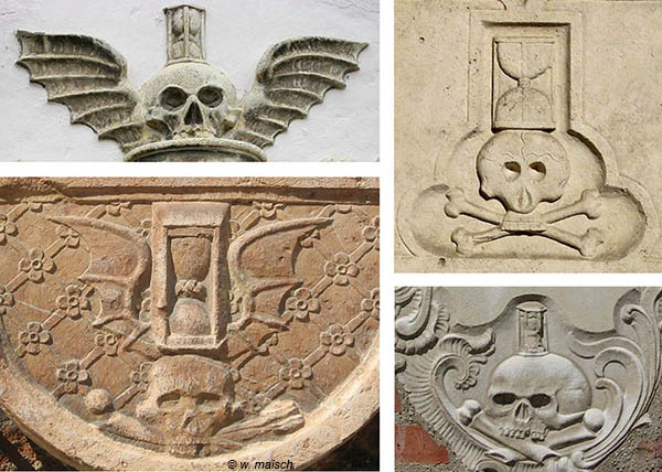 Flügel, Schädel, Sanduhr als Symbole der Grabsteine