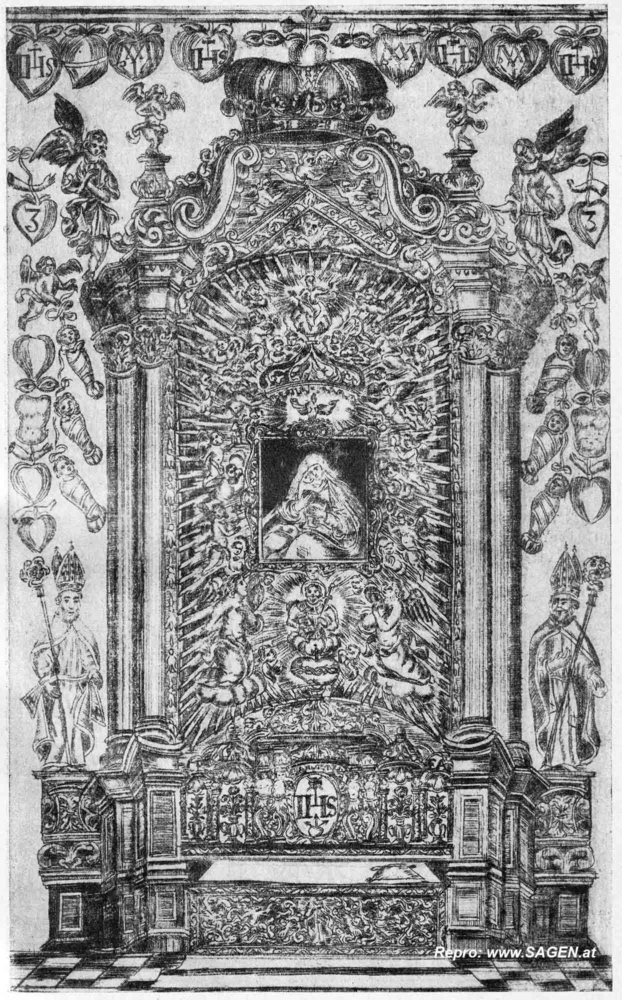 Mariahilfbild in der alten Innsbrucker Pfarrkirche - Kupferstich