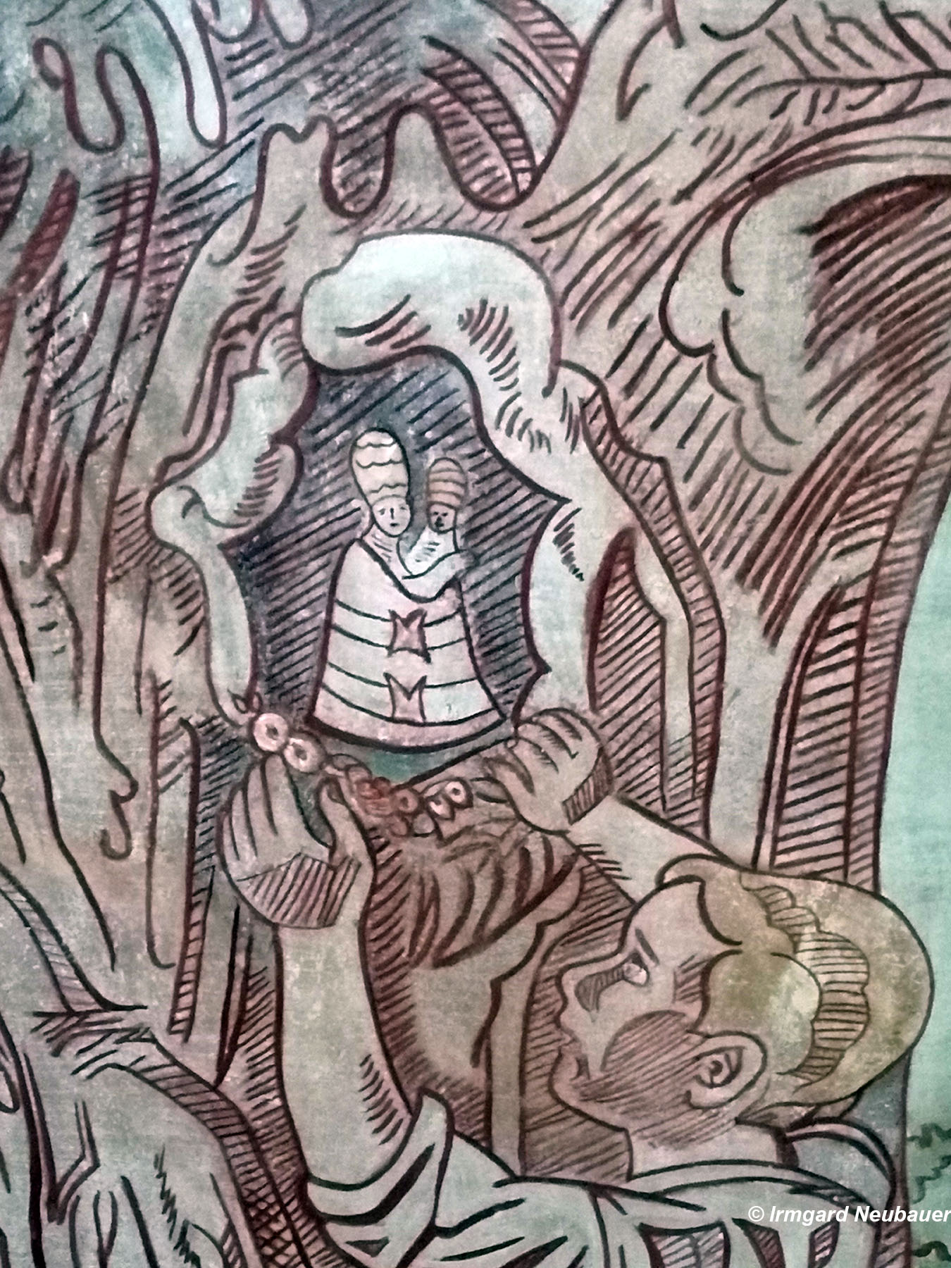 Planegg, Augustinerkloster mit Wallfahrtskirche Maria Eich - Muttergottesfigur in der Baumh&ouml;hle des Eichenstamms, Deckengem&auml;lde in der Kapelle, Detail