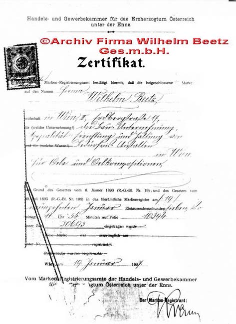 Zertifikat Beetz © Archiv Firma Wilhelm Beetz Ges.m.b.H.