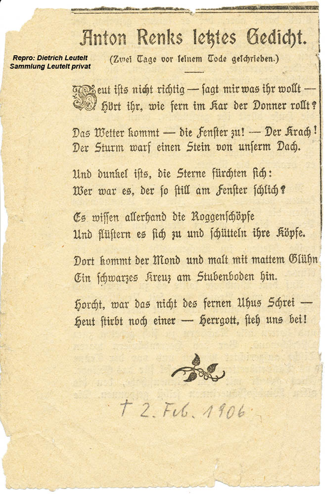 Anton Renks letztes Gedicht - zwei Tage vor seinem Tode geschrieben