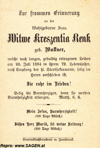 Sterbebild "Witwe Kreszentia Renk"
