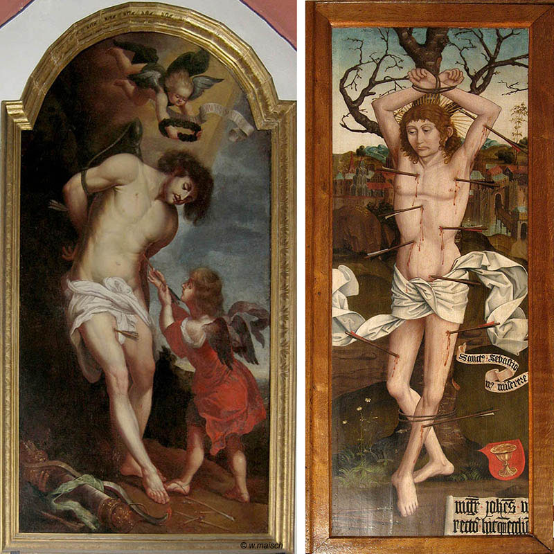 Sebastian (1677), Gemälde von Oswald Onghers in der Stadtkirche St. Andreas, Ochsenfurt; Sebastian (Ulmer Schule, 2. Hälfte des 15. Jahrhunderts) in der St.-Martinus-Kirche in Oberstadion
