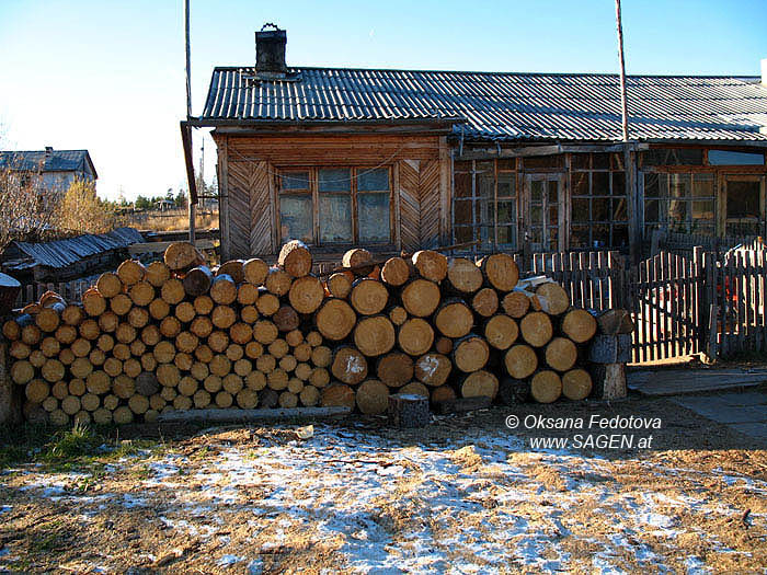 Brennholz vor einem 2-Familienhaus. Schangas, Pineshskij Bezirk © Oksana Fedotova