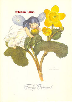 Ostergrußkarte, Elfe mit Sumpfdotterblume© Maria Rehm