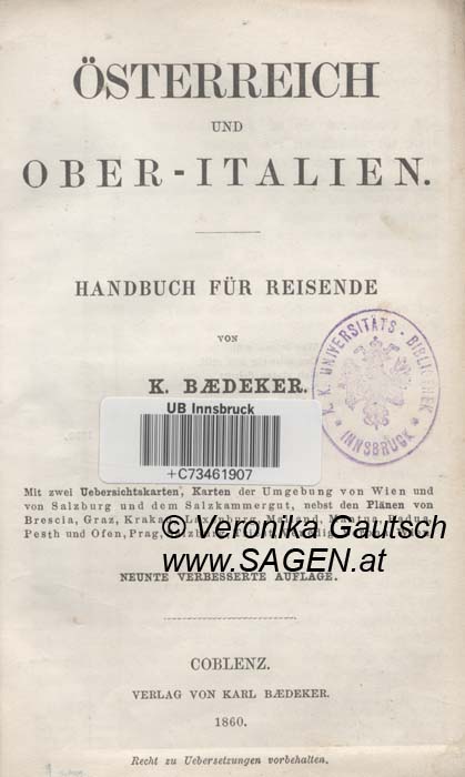 Reiseliteratur: Baedeker, 1860; © Digitalisierung: Veronika Gautsch, www.SAGEN.at