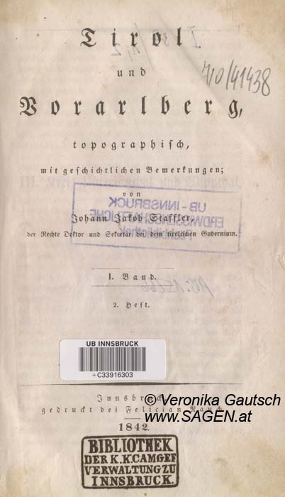 Reiseliteratur: Staffler, 1842; © Digitalisierung: Veronika Gautsch, www.SAGEN.at