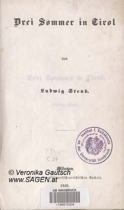 Reiseliteratur: Steub, 1846; © Digitalisierung: Veronika Gautsch, www.SAGEN.at