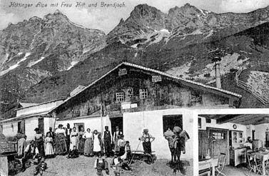 H&ouml;ttinger Alpe mit Frau Hitt und Brandjoch, Postkarte ca 1910